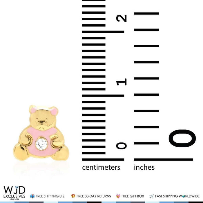 14K Gold Enamel CZ Teddy Bear Screw Back Stud Earrings