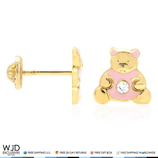 14K Real Gold Enamel CZ Teddy Bear Screwback Stud Earrings