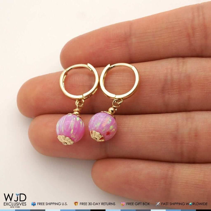 14K Yellow Gold Pink Fire Opal Ball Huggie Hoop Dangle Drop Earrings