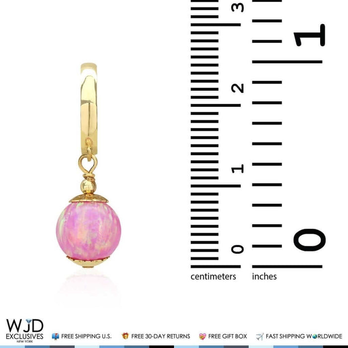14K Yellow Gold Pink Fire Opal Ball Huggie Hoop Dangle Drop Earrings
