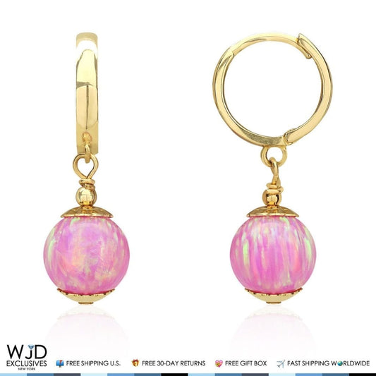 14K Solid Yellow Gold Pink Fire Opal Ball Huggie Hoop Dangle Drop Earrings