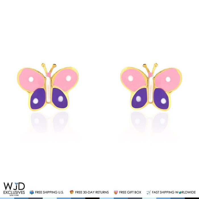 Kids 14K Yellow Gold Pink & Purple Enamel Butterfly Screw Back Stud Earrings