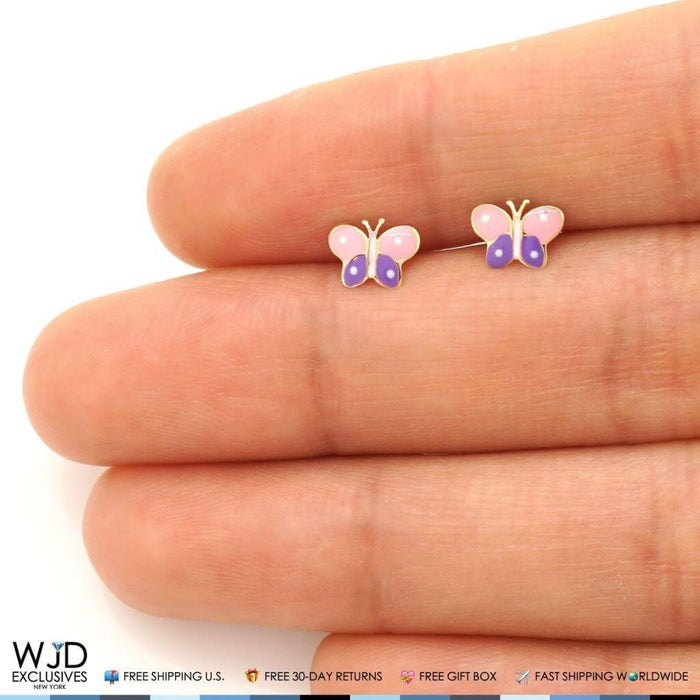 Kids 14K Yellow Gold Pink & Purple Enamel Butterfly Screw Back Stud Earrings