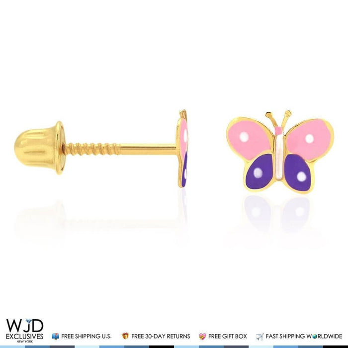 Kids 14K Yellow Gold Pink & Purple Enamel Butterfly Screw Back Stud Earrings