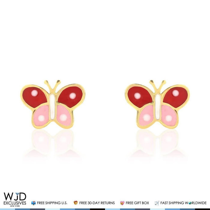 Kids 14K Yellow Gold Pink & Red Enamel Butterfly Screw Back Stud Earrings