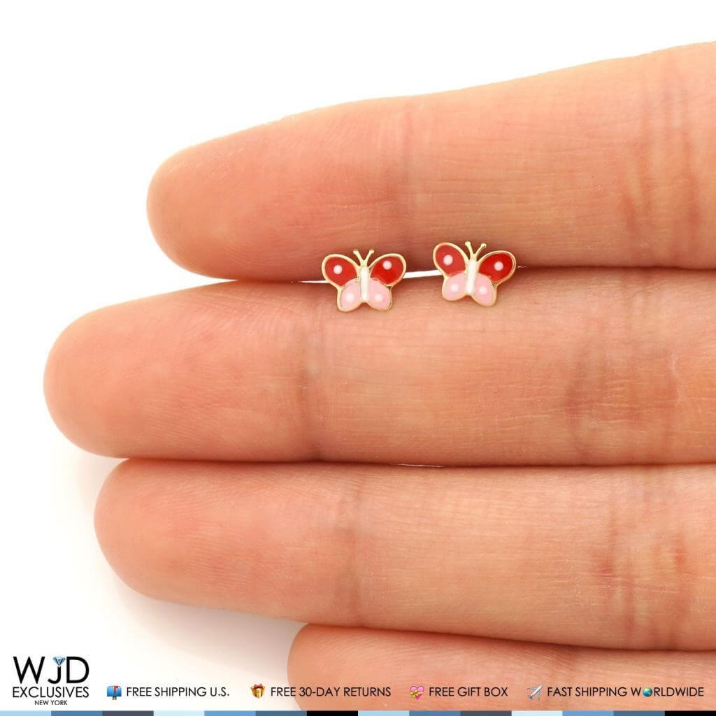 Kids 14K Yellow Gold Pink & Red Enamel Butterfly Screw Back Stud Earrings