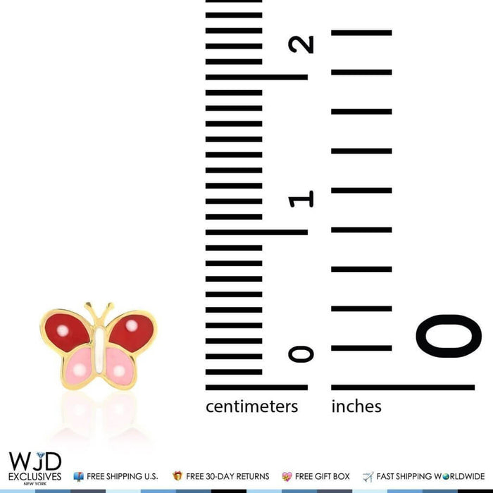 Kids 14K Yellow Gold Pink & Red Enamel Butterfly Screw Back Stud Earrings