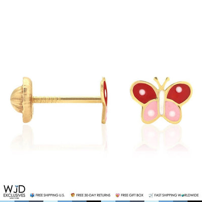 Kids 14K Yellow Gold Pink & Red Enamel Butterfly Screw Back Stud Earrings