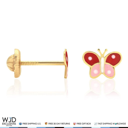 Kid's 14K Solid Yellow Gold Pink & Red Enamel Butterfly Screw Back Stud Earrings