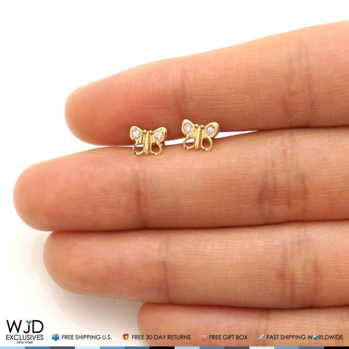 14K Yellow Gold Pink Tourmaline Butterfly Baby Screw Back Stud Earrings