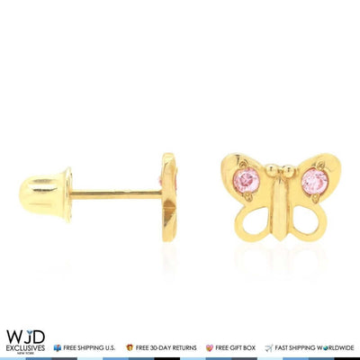 14K Yellow Gold Pink Tourmaline Butterfly Baby Screw Back Stud Earrings