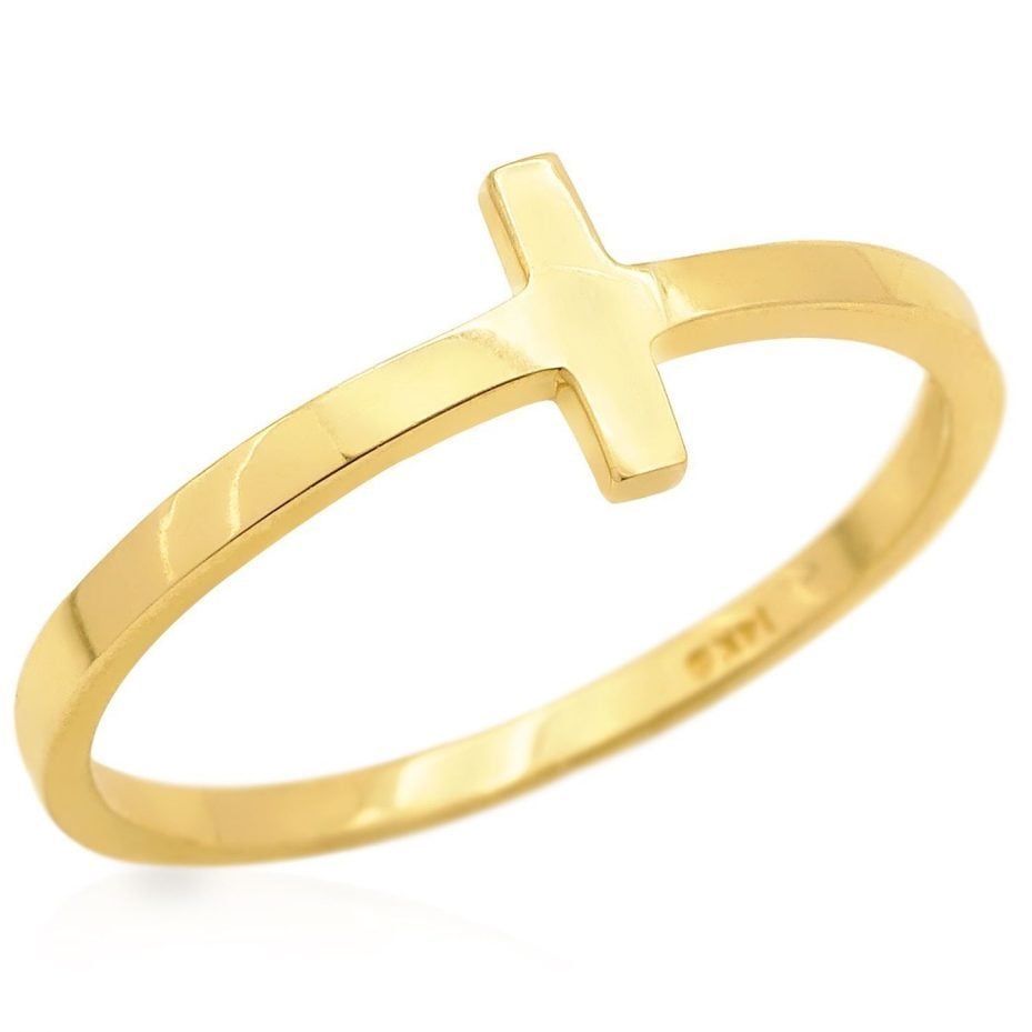 Solid 14K Real Gold Yellow Sideways Cross Ring
