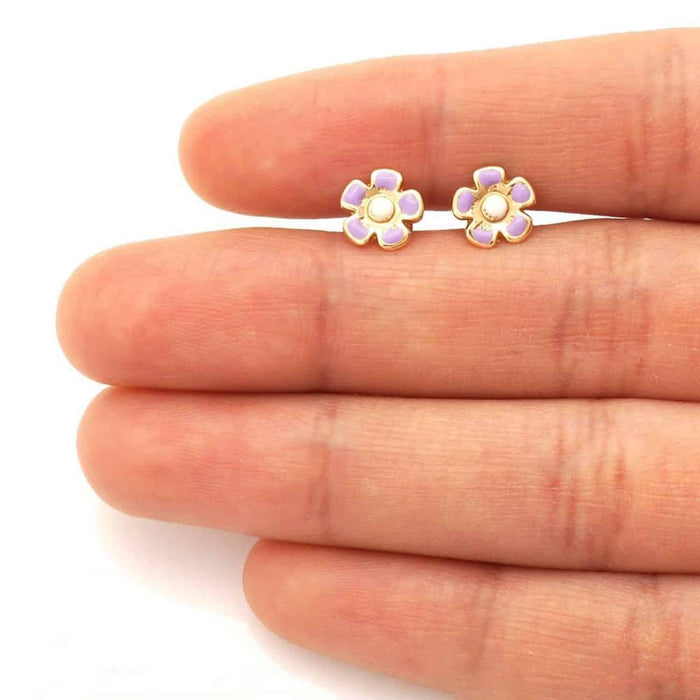 Kids 14K Gold White Pink Blue Green Red Purple Yellow Flower Stud Earrings