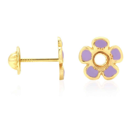 Kid's 14K Gold White Pink Blue Green Red Purple Yellow Flower Stud Earrings