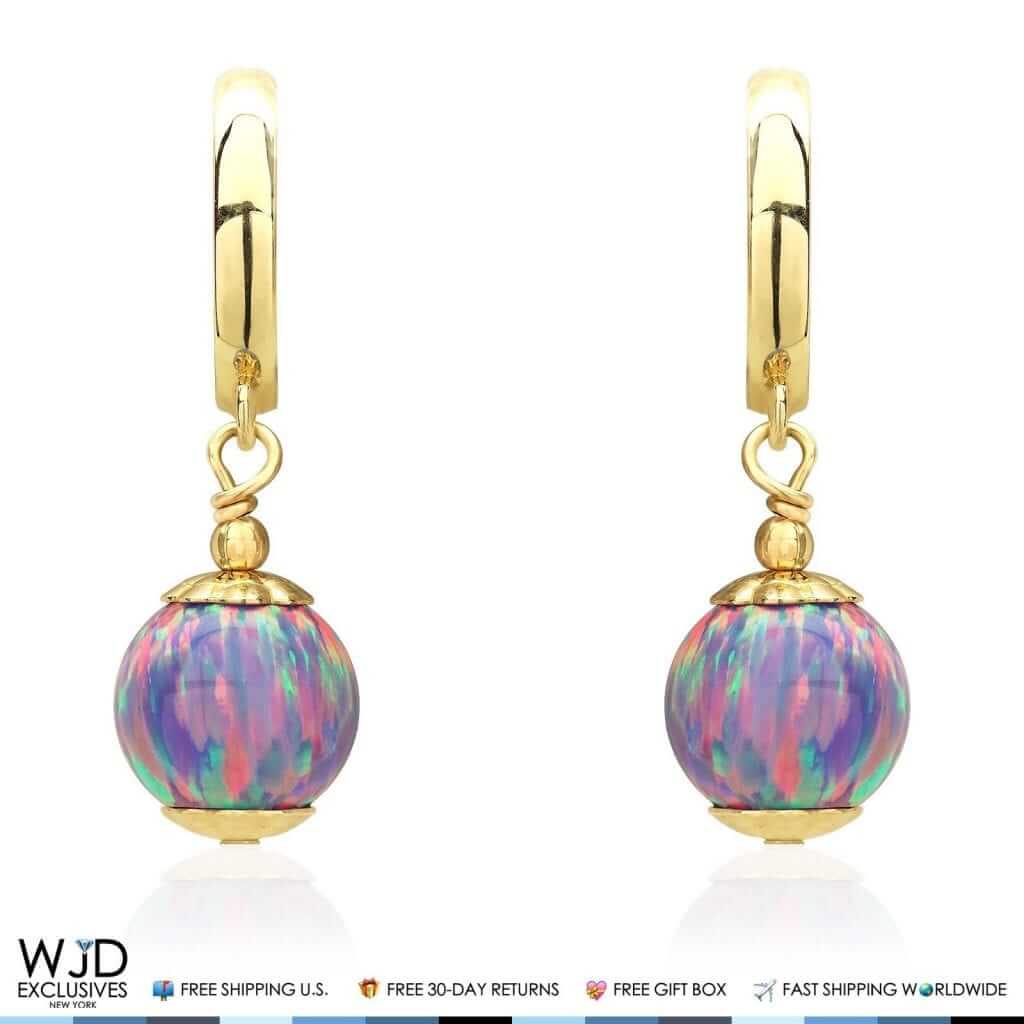 14K Yellow Gold Purple Fire Opal Ball Huggie Hoop Dangle Drop Earrings