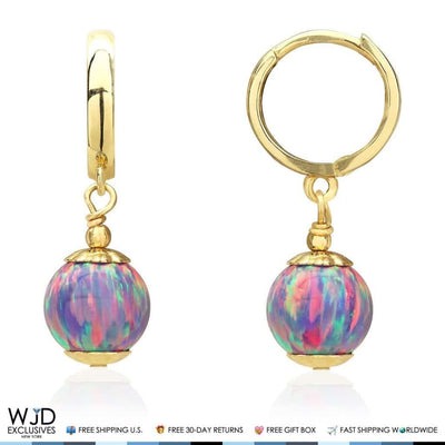 14K Yellow Gold Purple Fire Opal Ball Huggie Hoop Dangle Drop Earrings