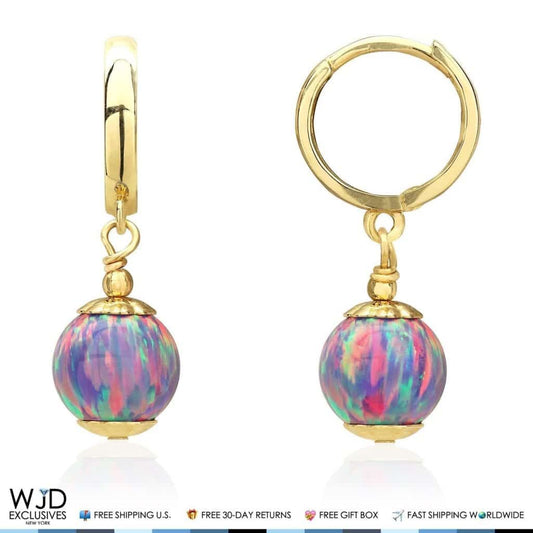 14K Solid Yellow Gold Purple Fire Opal Ball Huggie Hoop Dangle Drop Earrings