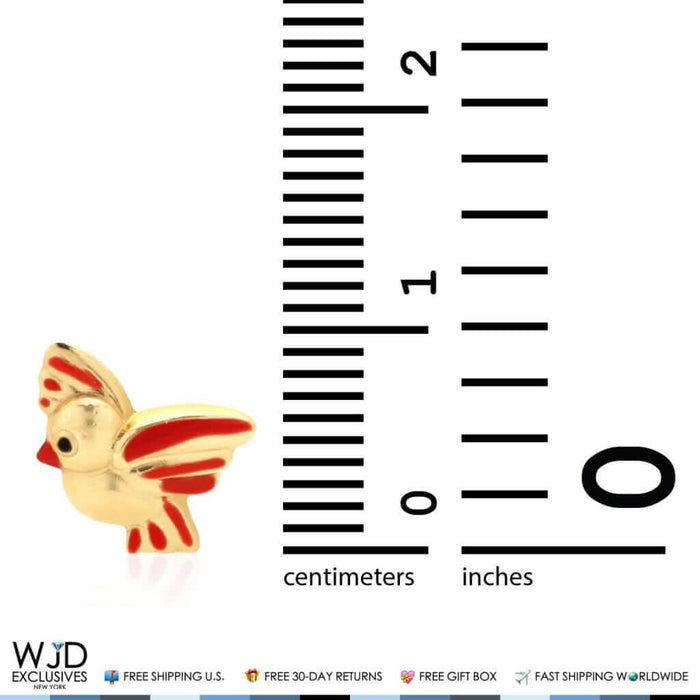 14K Yellow Gold Red Enamel Baby Bird Screw Back Stud Kids Earrings