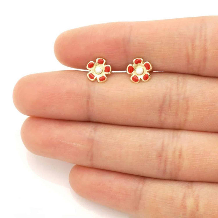 Kids 14K Gold White Pink Blue Green Red Purple Yellow Flower Stud Earrings