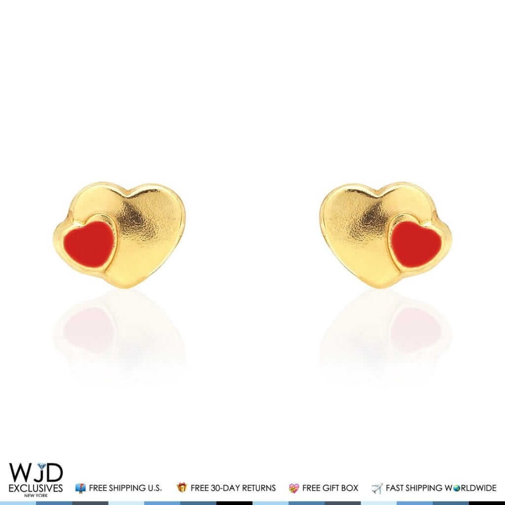 14K Yellow Gold Red Enamel Heart Baby Screw Back Stud Kid Earrings