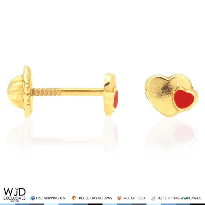 14K Yellow Gold Red Enamel Heart Baby Screw Back Stud Kid Earrings