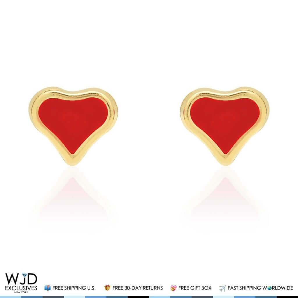 14K Yellow Gold Red Enamel Heart Baby Screw Back Stud Kid Earrings