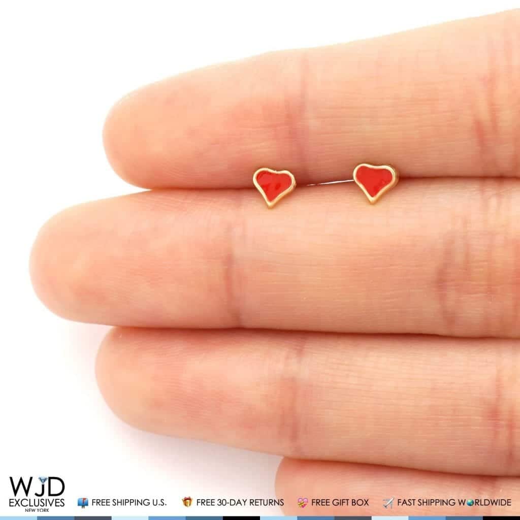 14K Yellow Gold Red Enamel Heart Baby Screw Back Stud Kid Earrings