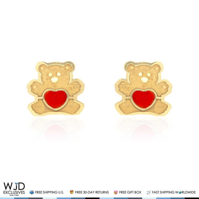 14K Yellow Gold Red Enamel Heart Teddy Bear Baby Screw Back Stud Earrings