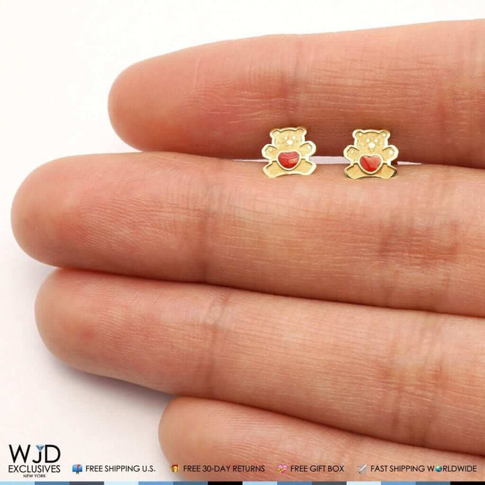 14K Yellow Gold Red Enamel Heart Teddy Bear Baby Screw Back Stud Earrings