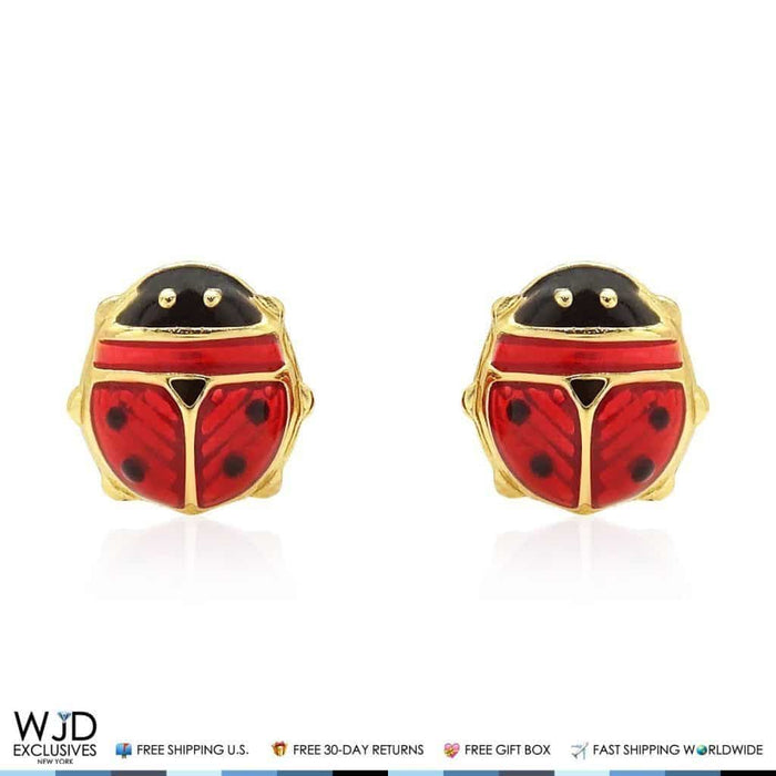 14K Yellow Gold Red Enamel Large Ladybug Screw Back Stud Earrings 8mm