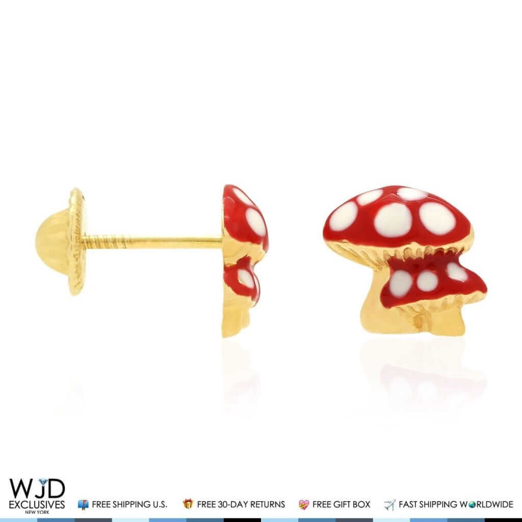 14K Yellow Gold Red Enamel Mushroom Baby Screw Back Stud Kid Earrings