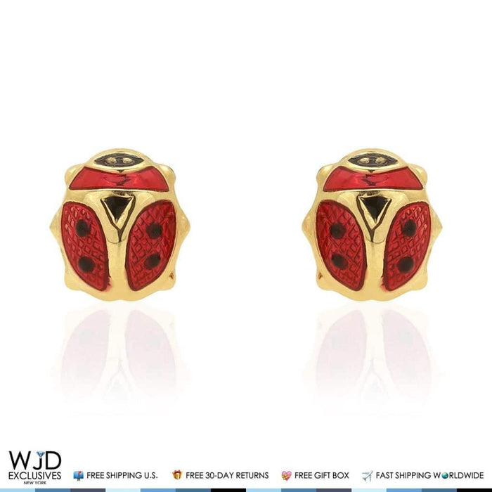 14K Yellow Gold Red Enamel Small Ladybug Screw Back Stud Earrings 6mm