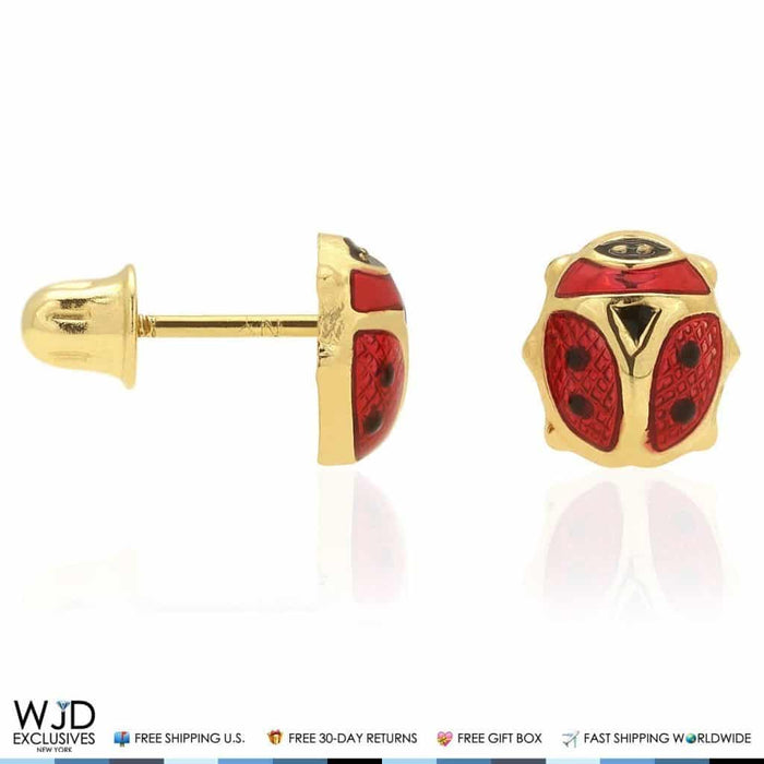 14K Yellow Gold Red Enamel Small Ladybug Screw Back Stud Earrings 6mm