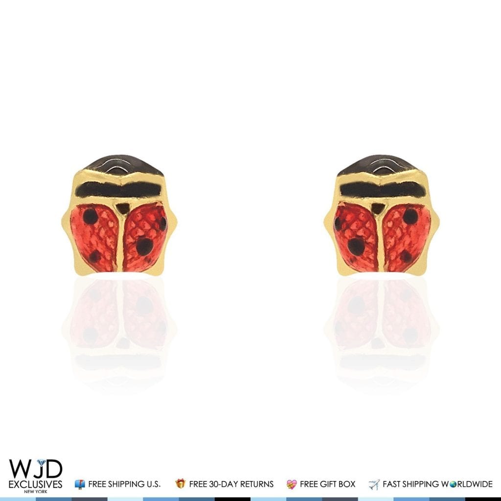 14K Solid Yellow Gold Red Enamel Small Ladybug Screw Back Stud Kids Earrings 3mm