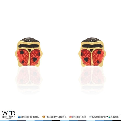 14K Solid Yellow Gold Red Enamel Small Ladybug Screw Back Stud Kids Earrings 3mm