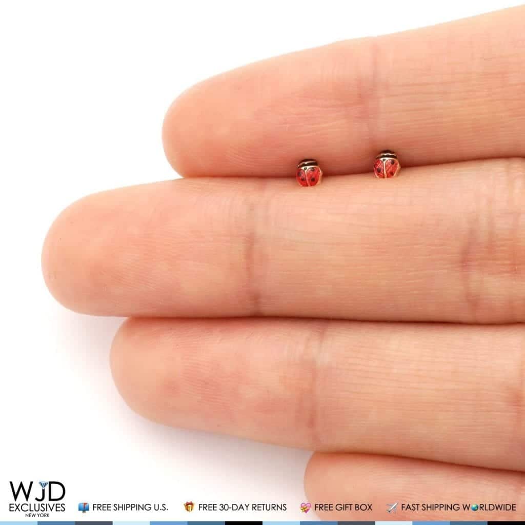 14K Solid Yellow Gold Red Enamel Small Ladybug Screw Back Stud Kids Earrings 3mm