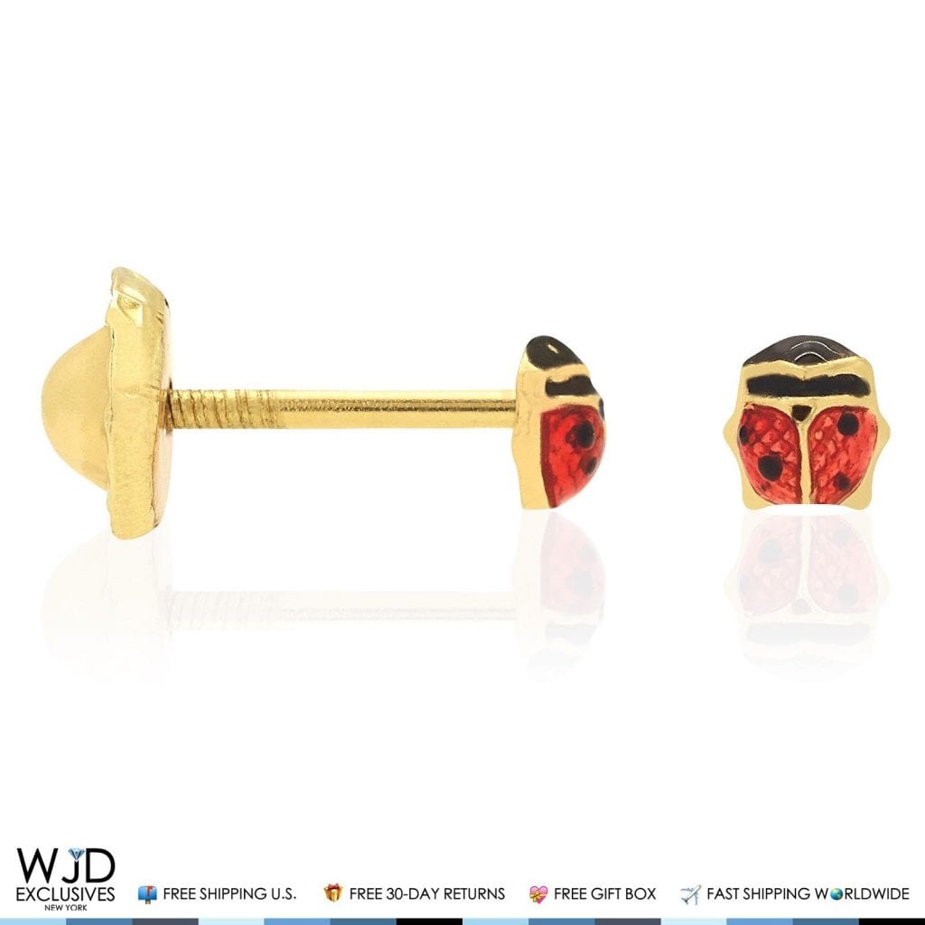 14K Solid Yellow Gold Red Enamel Small Ladybug Screw Back Stud Kids Earrings 3mm