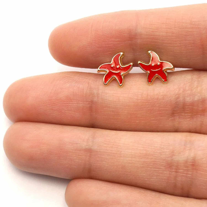Kids 14K Yellow Gold Blue Pink Red Green Enamel Starfish Stud Earrings