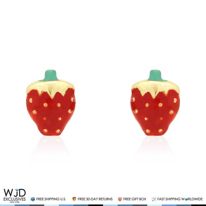 14K Yellow Gold Red Enamel Strawberry Baby Screw Back Stud Kid Earrings 6mm