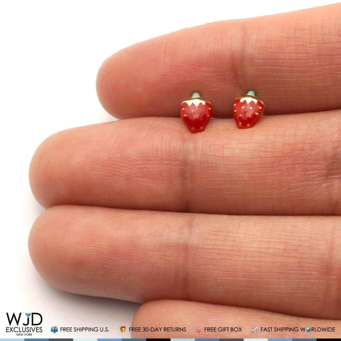 14K Yellow Gold Red Enamel Strawberry Baby Screw Back Stud Kid Earrings 6mm