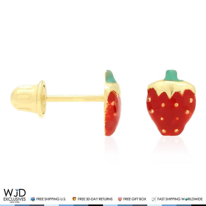 14K Yellow Gold Red Enamel Strawberry Baby Screw Back Stud Kid Earrings 6mm