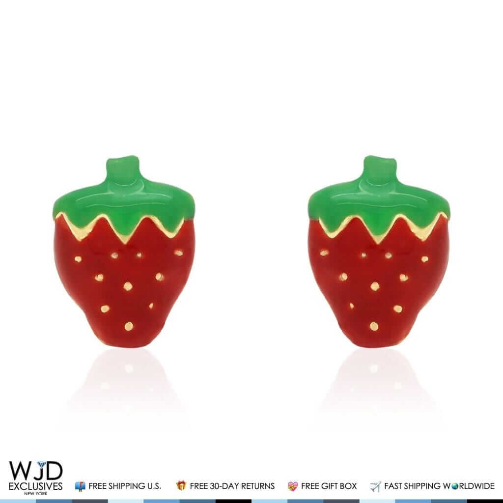 14K Yellow Gold Red Enamel Strawberry Baby Screw Back Stud Kid Earrings 8mm