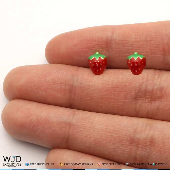 14K Yellow Gold Red Enamel Strawberry Baby Screw Back Stud Kid Earrings 8mm