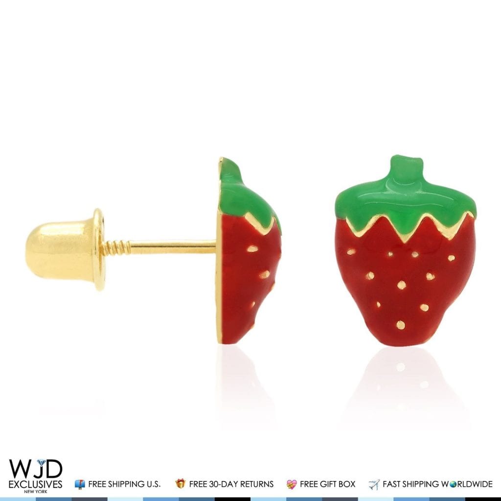 14K Yellow Gold Red Enamel Strawberry Baby Screw Back Stud Kid Earrings 8mm