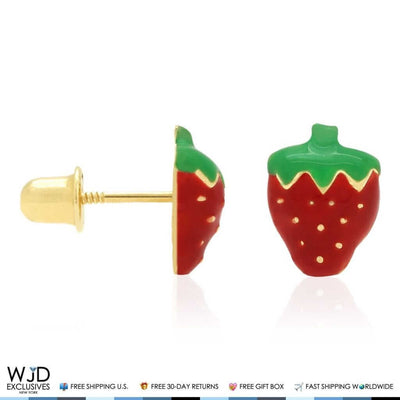 14K Yellow Gold Red Enamel Strawberry Baby Screw Back Stud Kid Earrings 8mm
