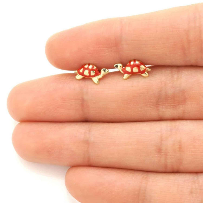 14K Yellow Gold Green Pink Red Blue Enamel Turtle Baby Screw Back Stud Earrings