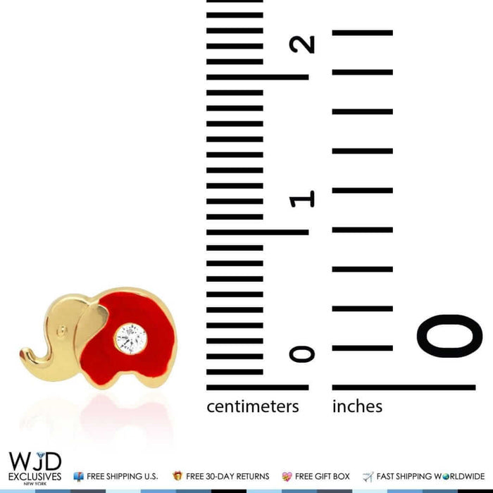 14K Yellow Gold Enamel CZ Elephant Screw Back Stud Earrings