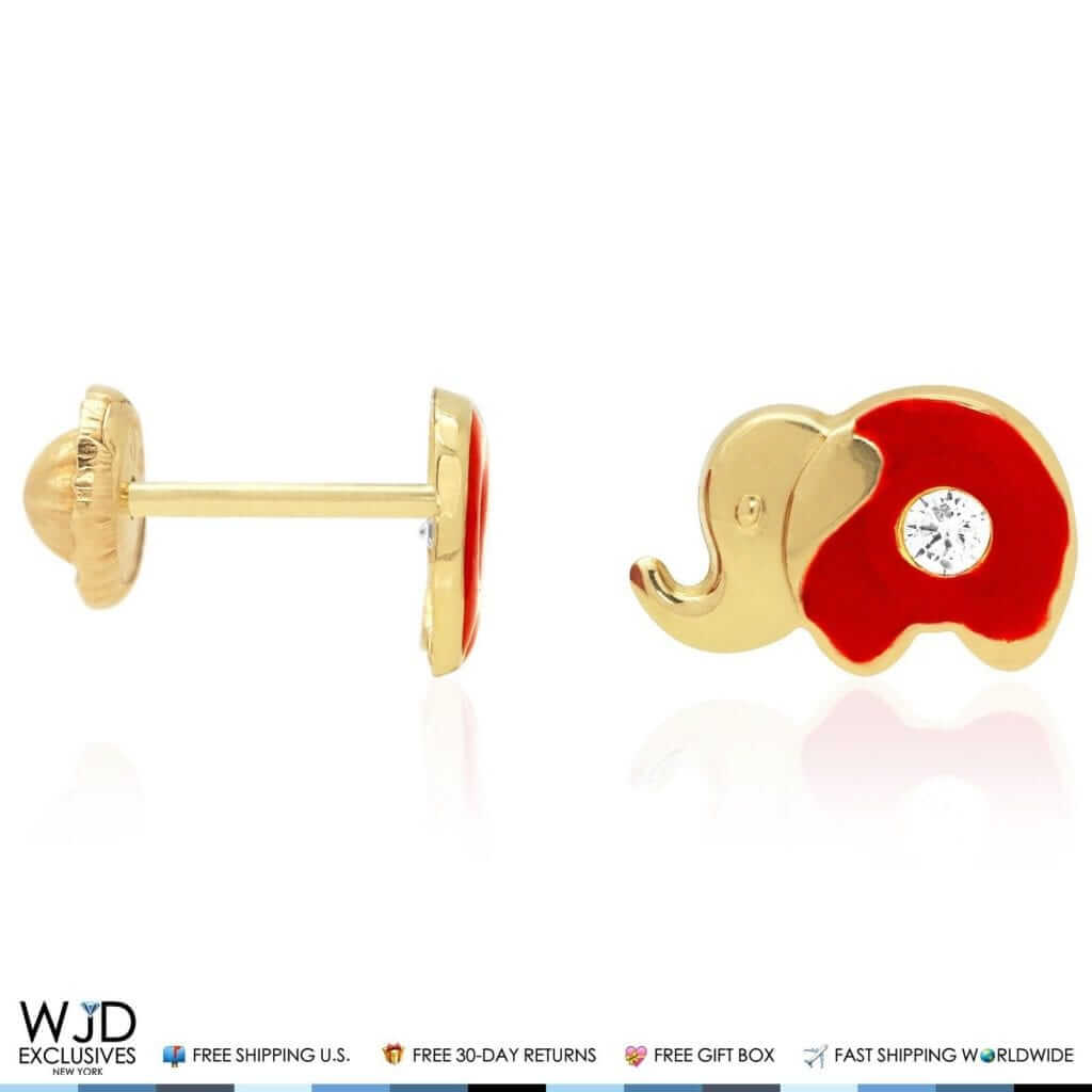 14K Yellow Gold Enamel CZ Elephant Screw Back Stud Earrings