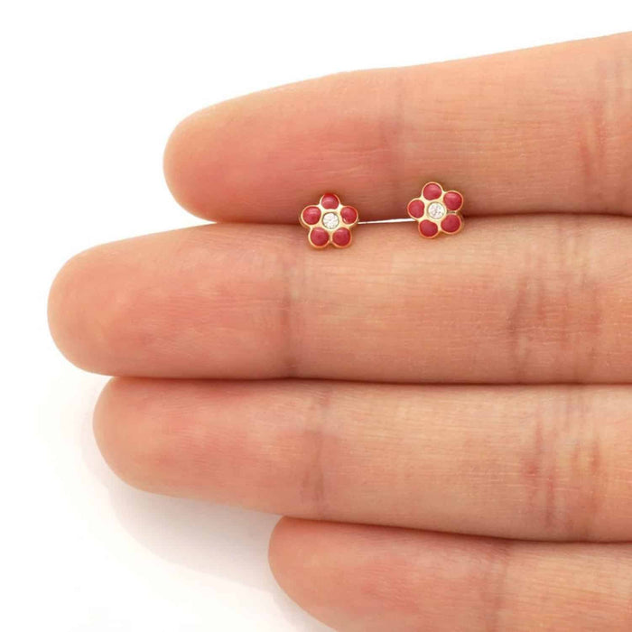 Kids 14K Gold Red Blue Green Pink Purple Yellow Zircon Flower Stud Earrings