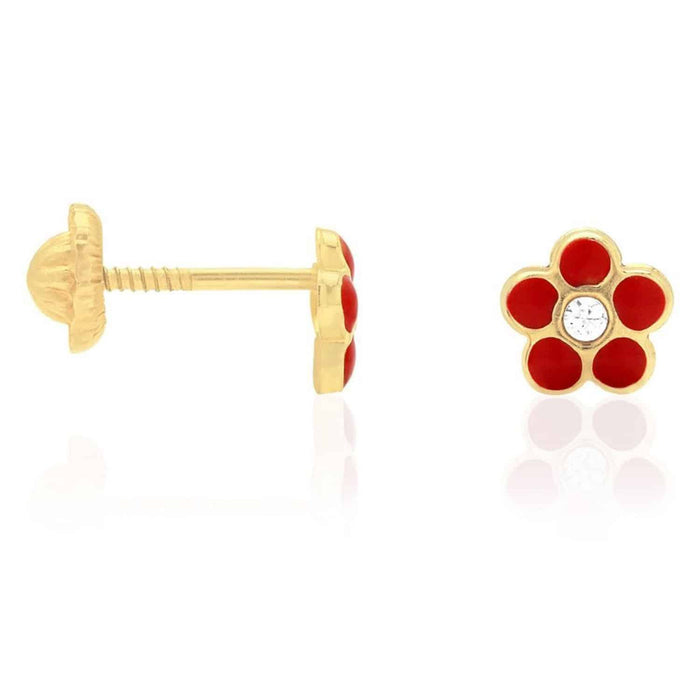 Kids 14K Gold Red Blue Green Pink Purple Yellow Zircon Flower Stud Earrings